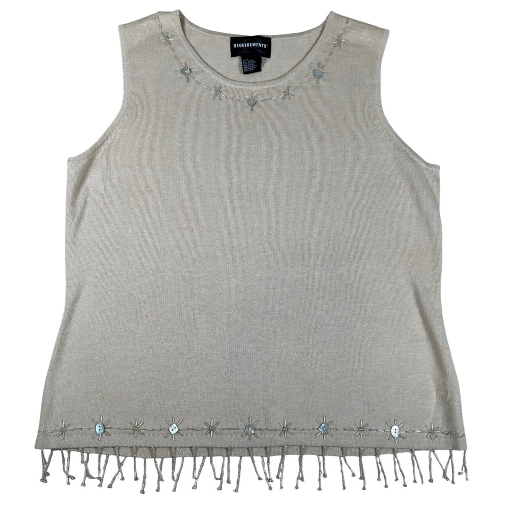 Vintage 90s Tan Beaded Fringe Sleeveless Shell Button Sweater Top L Y2K beach
